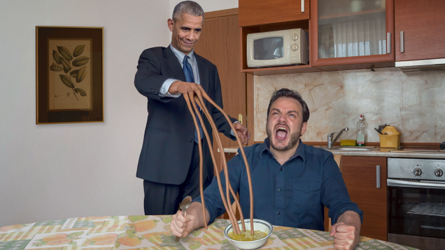 Illustration for article titled Here Are 4 Pics Of The Nasty Prez O-BUMPER Dipping His BUNGLER’S FINGERS In People’s SOUP AND MILK In Order To DESTROY LUNCH For All America